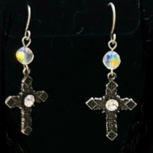 Vintage Cross Dangle Earrings Rhinestone Silver Tone Gothic Boho